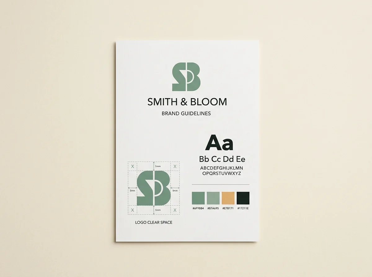 Brand guideline mockup with logo, color swatches and typography