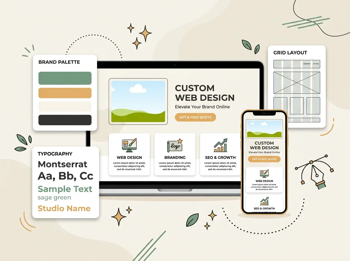 Custom web development illustration showing a code editor, a developer, and coding doodles