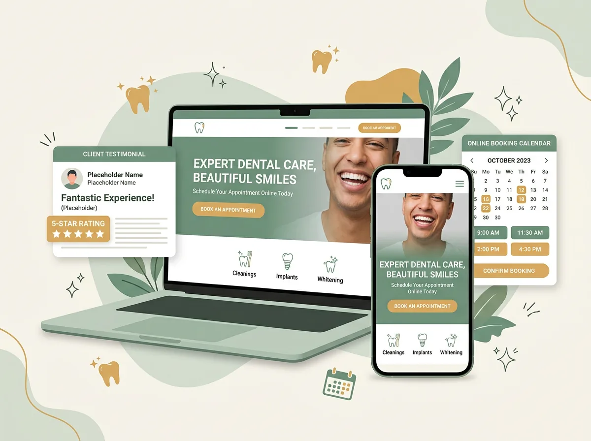 Modern dental clinic website mockup on desktop and mobile