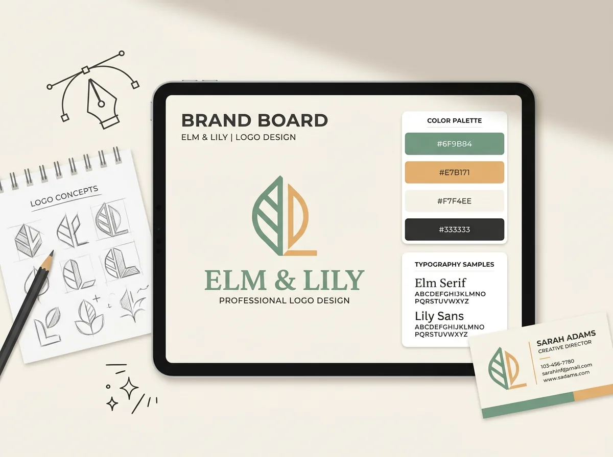 Logo and brand design illustration with sketch grid and color swatches