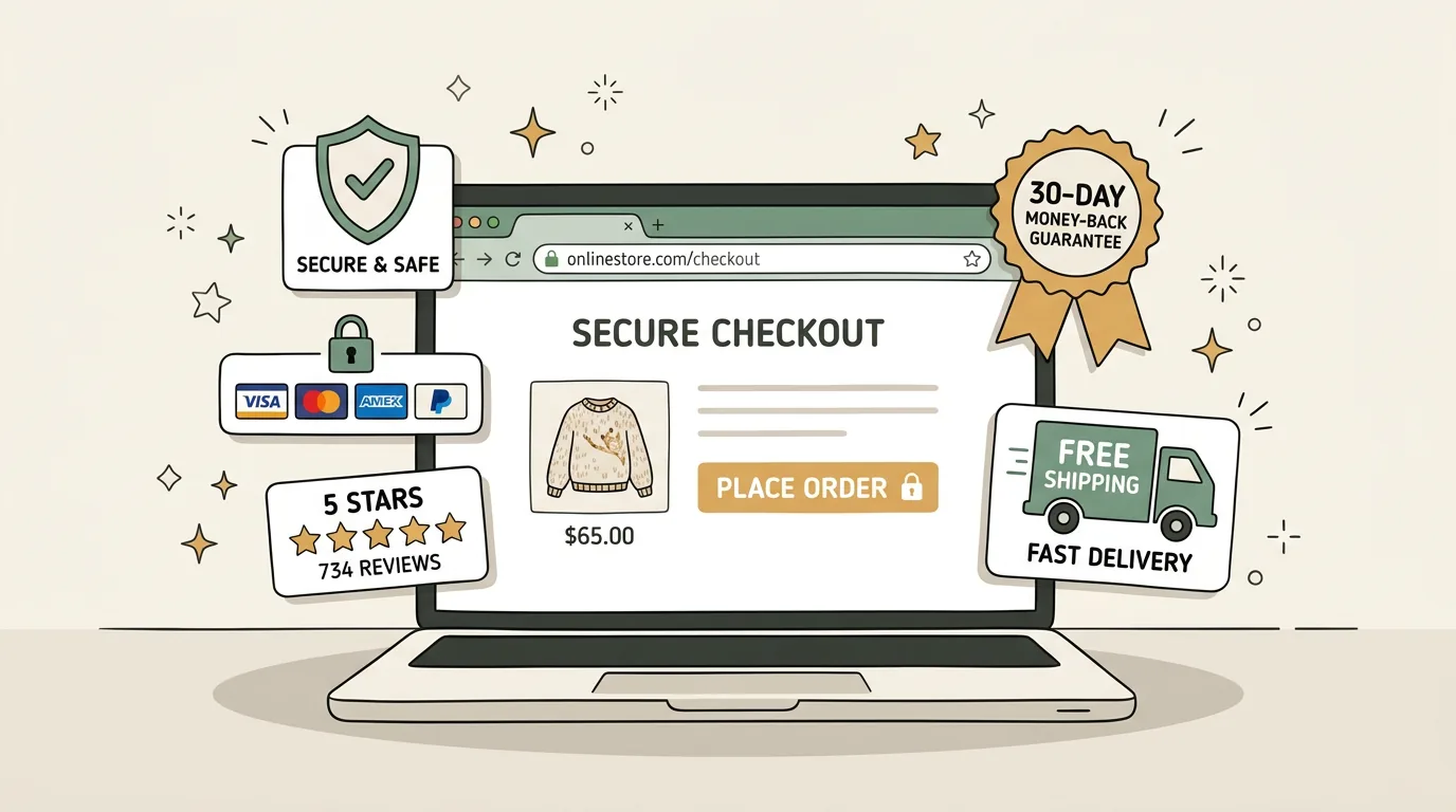 Product catalog layout with trust badges, secure checkout cues, and conversion-focused product cards