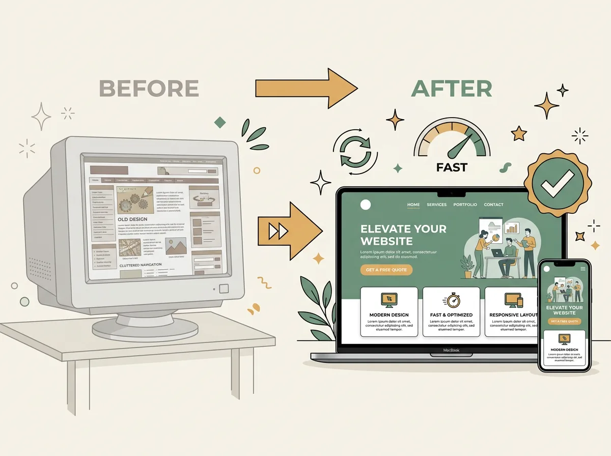 Website redesign illustration showing before-and-after layout transformation
