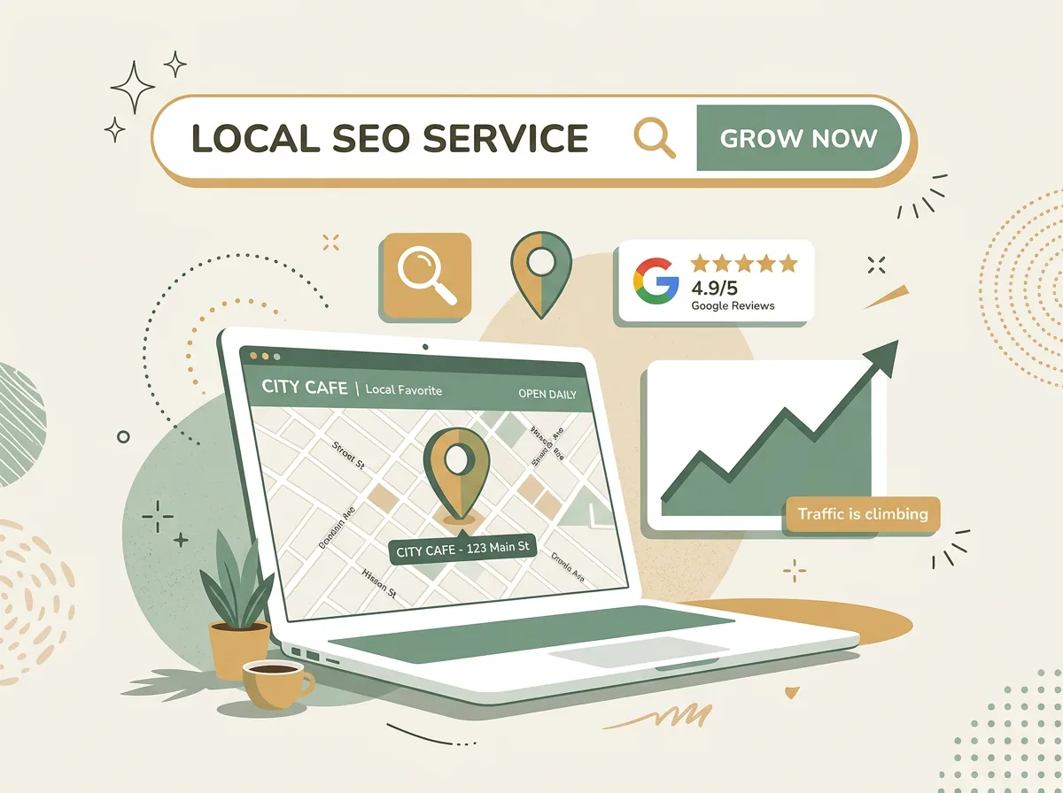 SEO and search marketing illustration with rankings dashboard, growth chart, and hand-drawn doodles