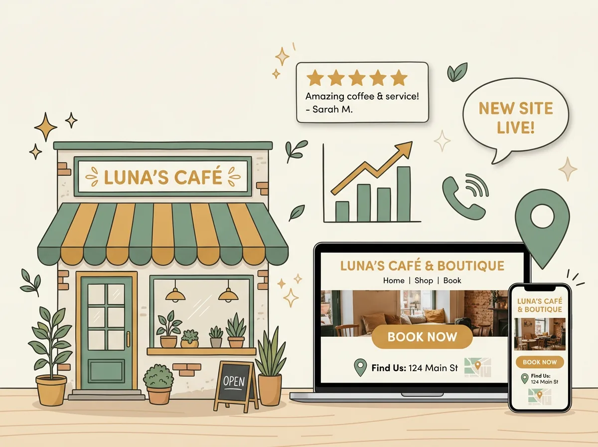 Small business website design illustration with storefront and local map
