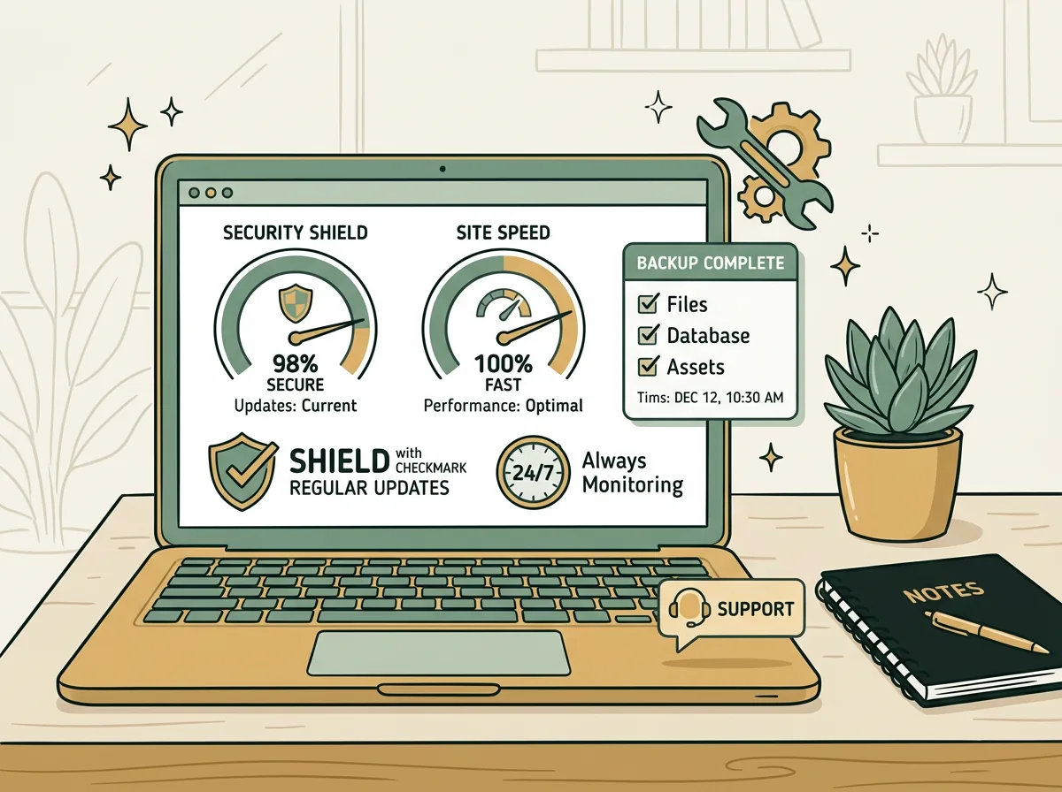IT professional monitoring uptime with hand-drawn gear and shield doodles