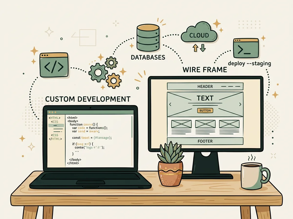 Web developer coding on a laptop with hand-drawn code doodles overlay